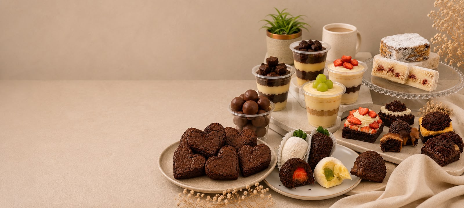 Mesa posta com brownies em formato de coração, copos de sobremesa em camadas, morangos cobertos e bolos gelados