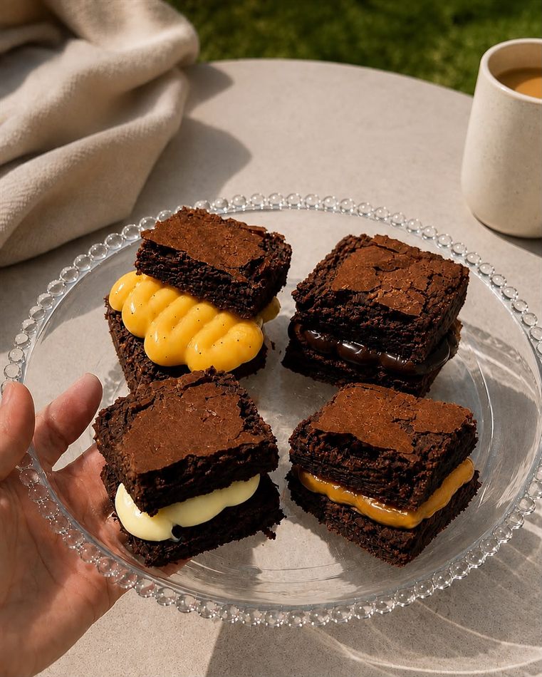 Quatro brownies abertos, recheados com creme, doce de leite, chocolate e maracujá