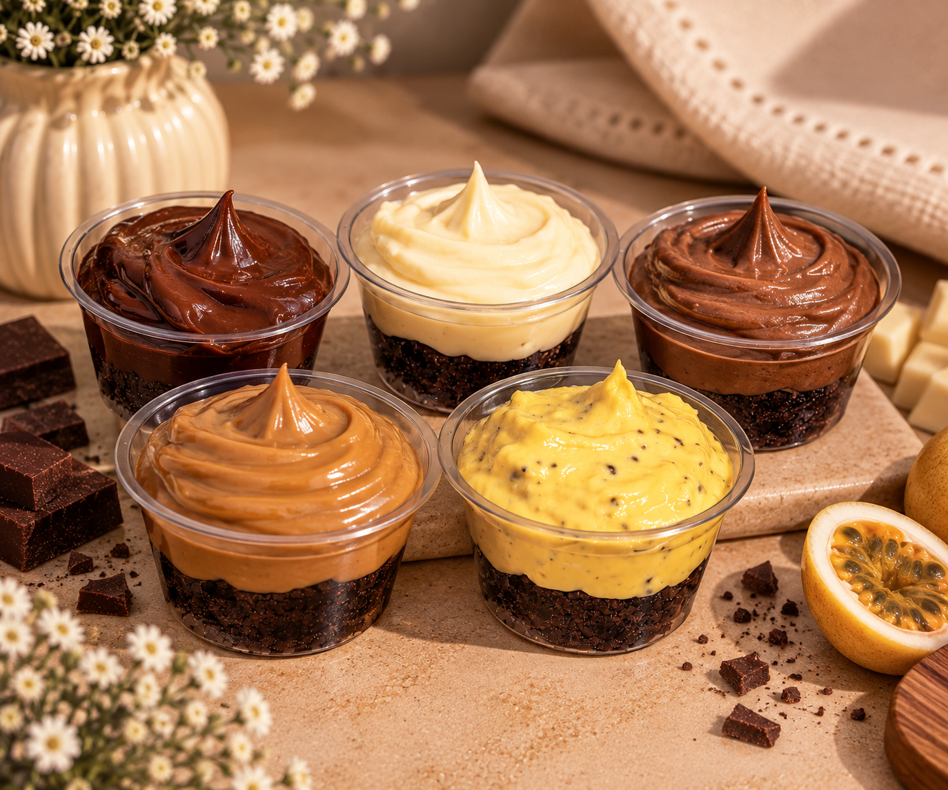 Potinho com dois mini brownies e duas caldas, ao lado de um embrulho de presente com laço dourado